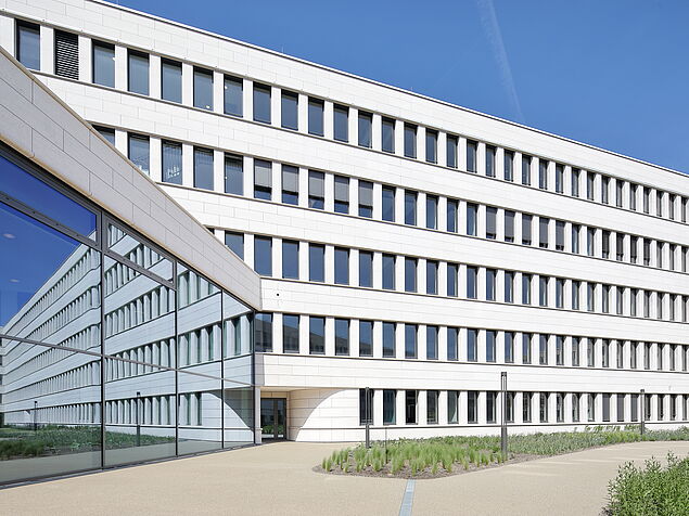 Ansicht der Fensterfront und der Gebäudefassade